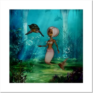 Cute little mermaid with turtle Posters and Art